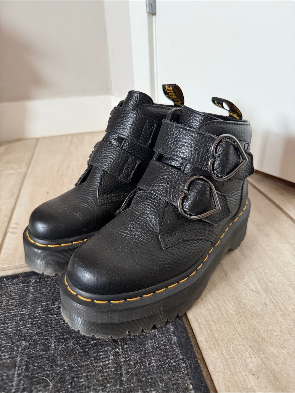 Black Kids Platform Ankle Boots with Heart Buckles